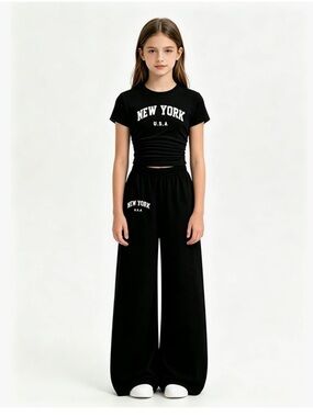 NEW YORK Black Wide-Leg Sweatpants Set - Girls